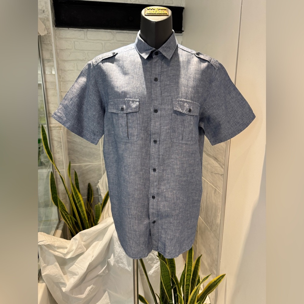 Old Navy linen blend Steel Blue Casual Button Down Shirt with two pockets.